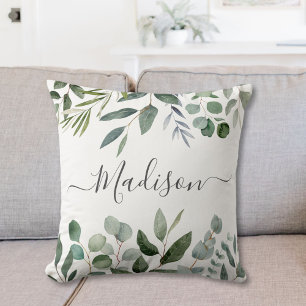 Elegant Monogram Green Eucalyptus Tropical Leaves Throw Pillow