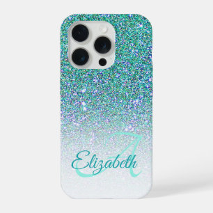 Elegant Monogram Green Glitter Ombre First Name iPhone 15 Pro Case