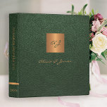 Elegant monogram green gold script wedding album binder<br><div class="desc">Luxury exclusive looking monogrammed scrapbook wedding album binder featuring a faux gold copper metallic square over a stylish dark green faux leather background.</div>