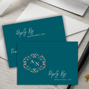 Elegant Monogram Green Intricate Floral Wedding RSVP Card