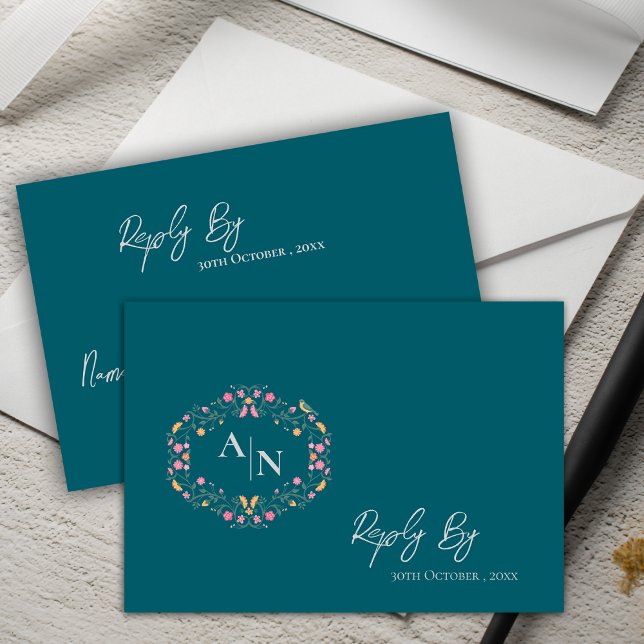 Elegant Monogram Green Intricate Floral Wedding RSVP Card (Elegant Monogram Green Intricate Floral Wedding RSVP Card)