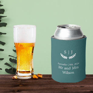 Elegant Monogram Green Jewel Tone Wedding Can Cooler