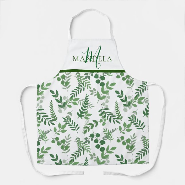 Elegant Monogram Green Leaf Pattern Apron (Front)