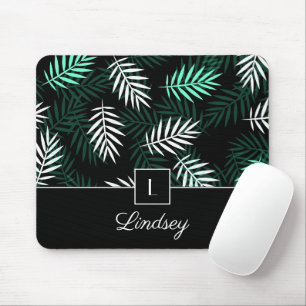 Elegant Monogram Green Leaves Botanical Pattern Mouse Pad