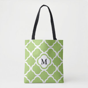Elegant Monogram Green Quatrefoil Pattern Tote Bag