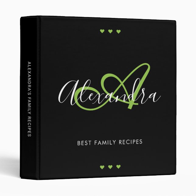 Elegant Monogram Green Script Black Name Recipe  Binder (Front/Spine)