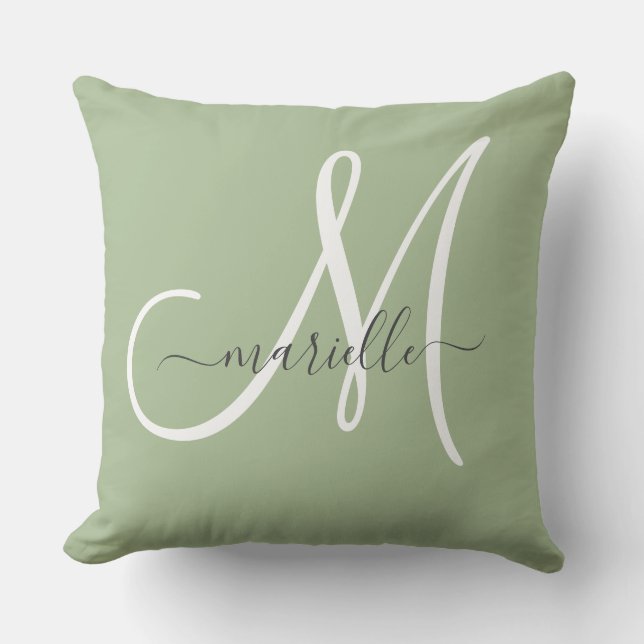 Elegant Monogram Green Throw Pillow (Front)