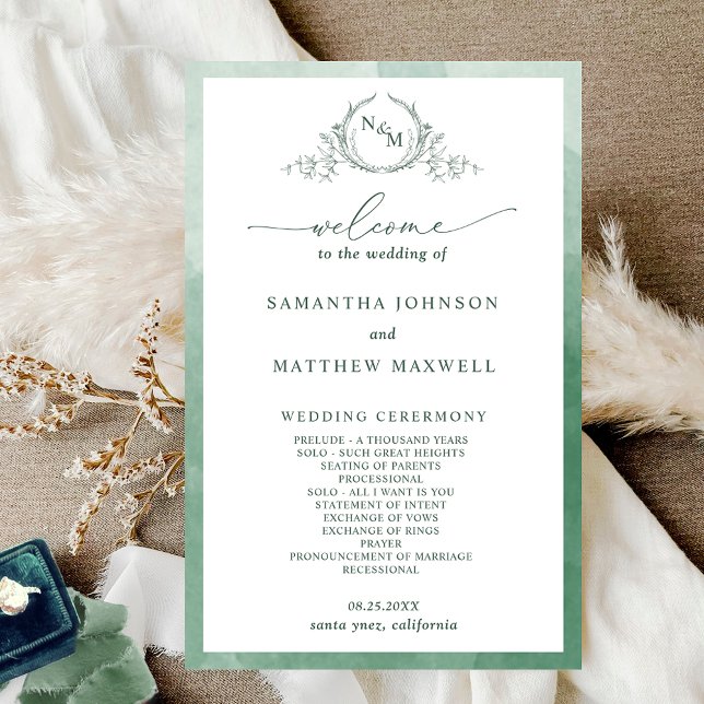 Elegant  Monogram Green Wedding Program (Creator Uploaded)