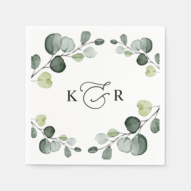 Elegant Monogram Greenery Eucalyptus Personalized Napkin (Front)