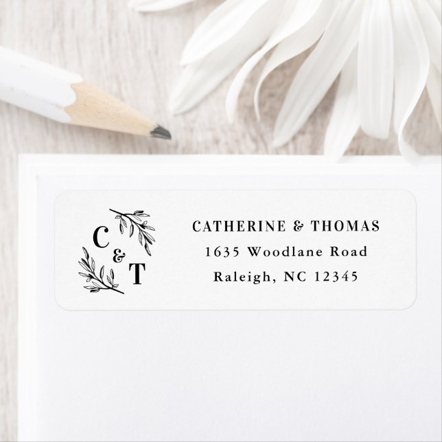 Elegant Monogram Greenery Leaves Return Address  (Insitu)