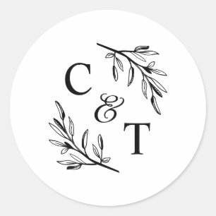 Elegant Monogram Greenery Leaves Wedding Classic Round Sticker