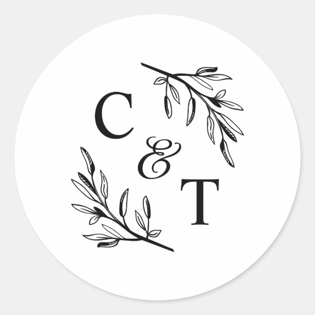 Elegant Monogram Greenery Leaves Wedding Classic Round Sticker (Front)