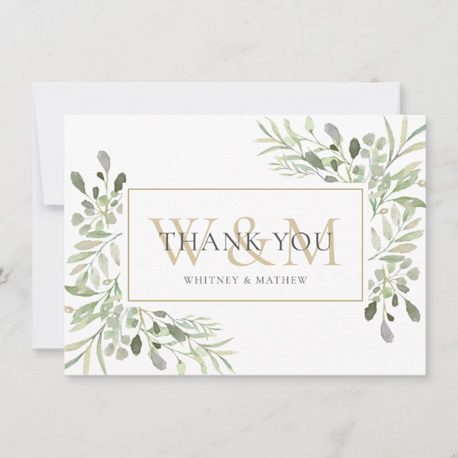 Elegant Monogram Greenery Thank You Card (Front)