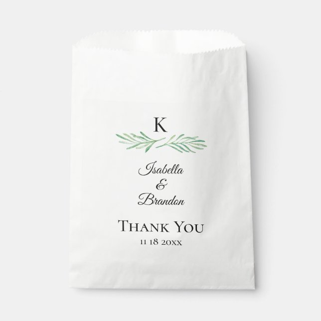 Elegant Monogram Greenery Wedding Favour Bag (Front)