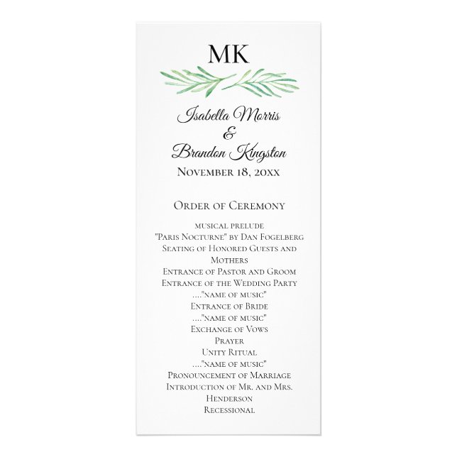 Elegant Monogram Greenery Wedding Program 2 (Front)