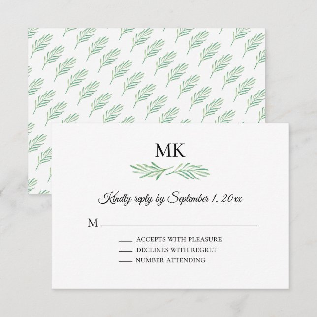 Elegant Monogram Greenery Wedding RSVP Invitation (Front/Back)
