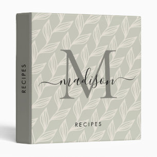 Elegant Monogram Grey Botanical Leaf Vine Recipe Binder