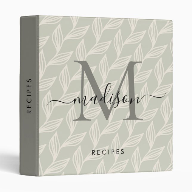 Elegant Monogram Grey Botanical Leaf Vine Recipe Binder (Front/Spine)