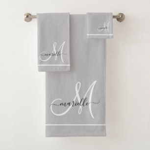 Elegant Monogram Grey White Script Name Bath Towel Set