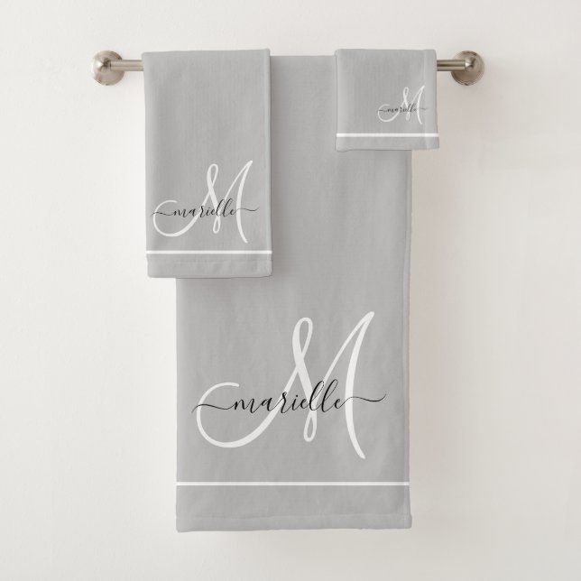Elegant Monogram Grey White Script Name Bath Towel Set (Insitu)