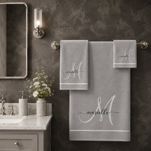 Elegant Monogram Grey White Script Name Bath Towel Set
