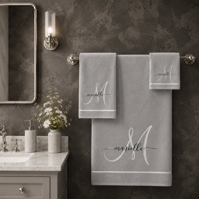 Elegant Monogram Grey White Script Name Bath Towel Set (Creator Uploaded)