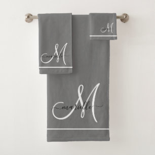 Elegant Monogram Grey White Script Name Bath Towel Set