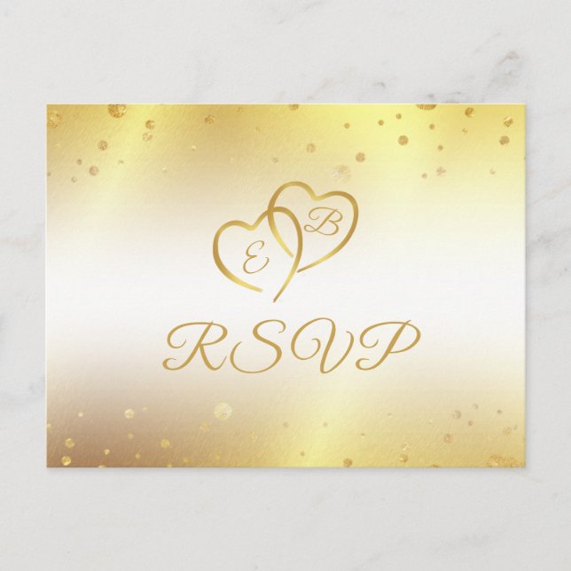 Elegant Monogram Hearts  Faux Metallic Gold RSVP Invitation Postcard (Front)