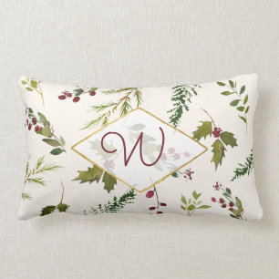 Elegant Monogram Holly Berry Vintage Script Lumbar Pillow