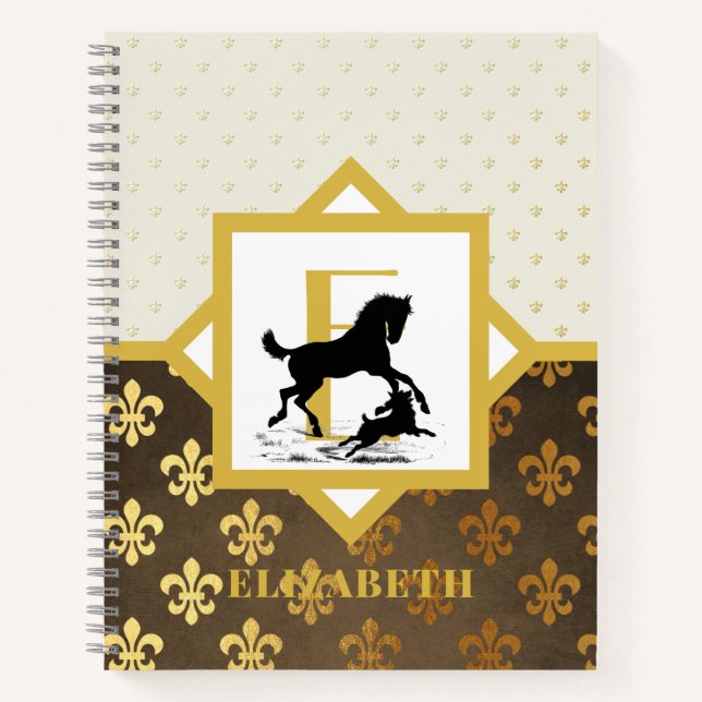 Elegant Monogram Horse Dog Gold Bronze Fleurdelys Notebook (Front)