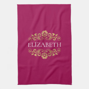 Elegant Monogram Hot Pink Gold Kitchen Towel