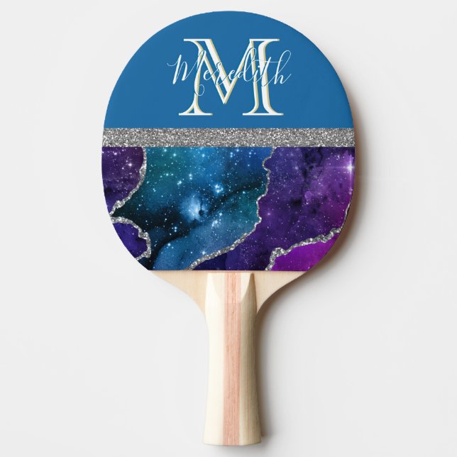 Elegant Monogram I Purple Teal Agate Silver  Ping  Ping Pong Paddle (Front)