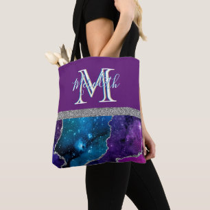 Elegant Monogram I Purple Teal Agate Silver Tote Bag