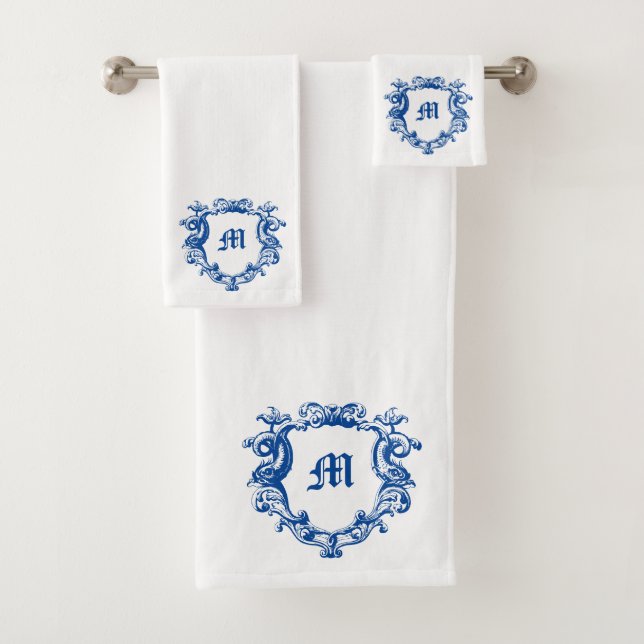 Elegant Monogram In Dolphin Cartouche Template Bath Towel Set (Insitu)