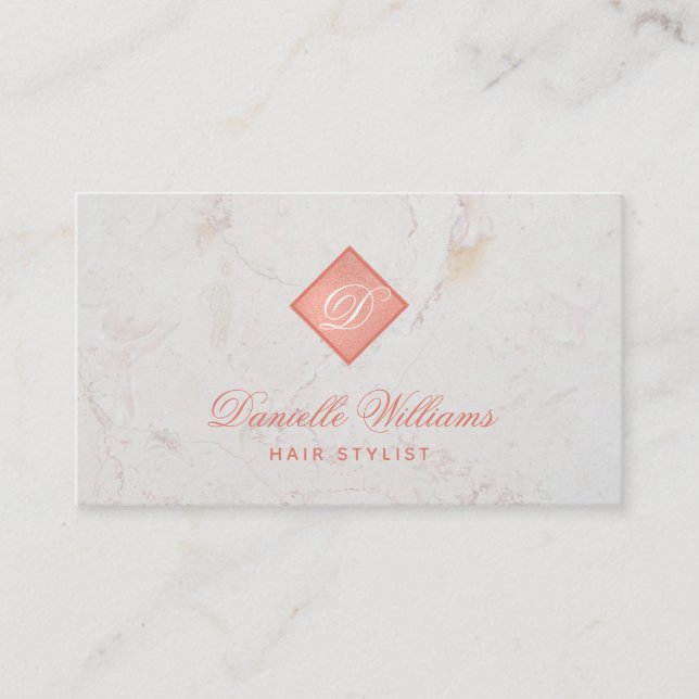 Elegant Monogram in Rose Gold Pink White Marble Business Card (Front)