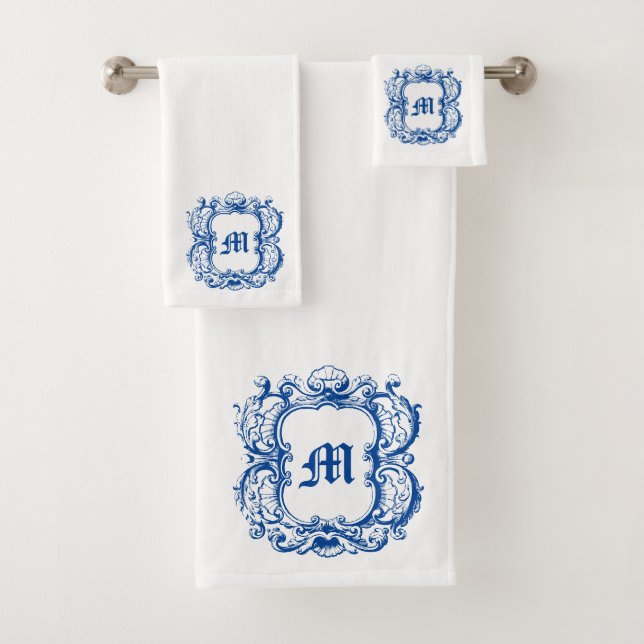 Elegant Monogram In Sea Shell Cartouche Template Bath Towel Set (Insitu)