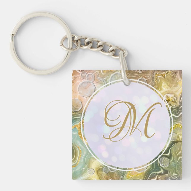 Elegant Monogram Initial Abstract Gold Marble Keychain (Front)