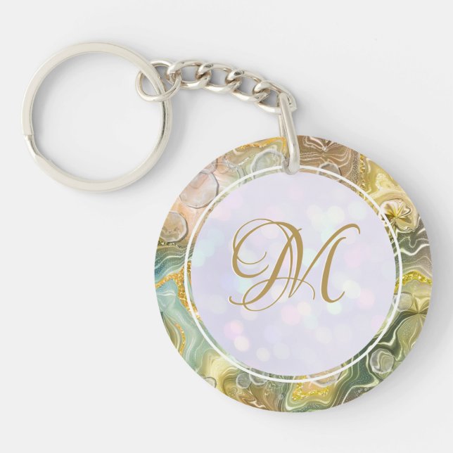 Elegant Monogram Initial Abstract Gold Marble Keychain (Front)