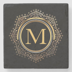 Elegant Monogram Initial   Black Gold Monogrammed Stone Coaster