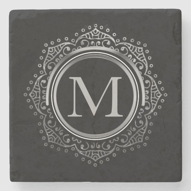 Elegant Monogram Initial Black Silver Monogrammed Stone Coaster (Front)