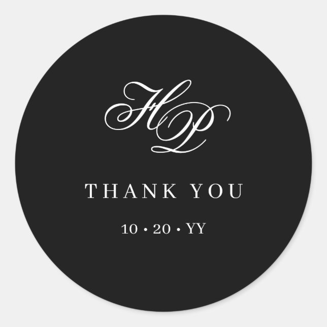 Elegant Monogram Initial Black & White Wedding Classic Round Sticker (Front)