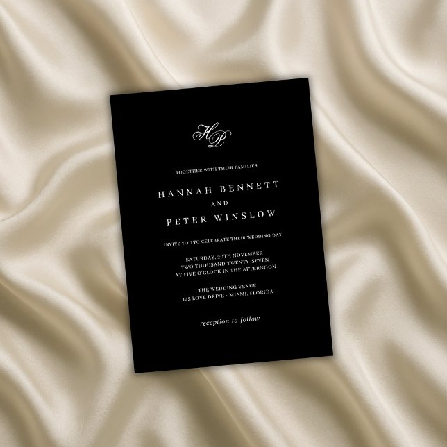 Elegant Monogram Initial Black & White Wedding Invitation (Creator Uploaded)