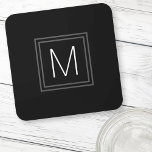 Elegant monogram initial double gray border black  coaster<br><div class="desc">Coasters featuring your monogram initial in white inside a square,  dark gray double border on a black background.</div>