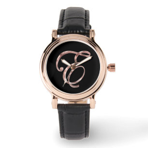 Elegant Monogram Initial E Black Rose Gold Watch