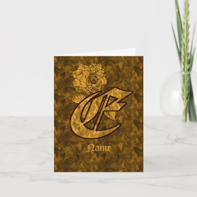 Elegant Monogram Initial E Gold Peony Personalized Note Card (Front)