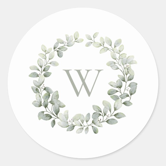 Elegant Monogram Initial Greenery Sage Foliage Classic Round Sticker (Front)