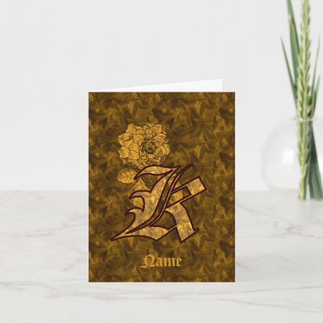 Elegant Monogram Initial K Gold Peony Personalized Note Card (Front)