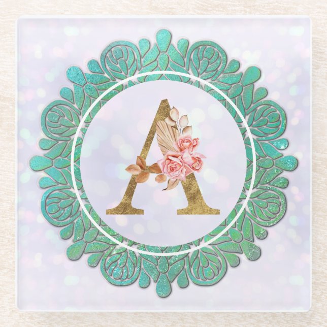 Elegant Monogram Initial Letters with Mandala Glass Coaster (Front)