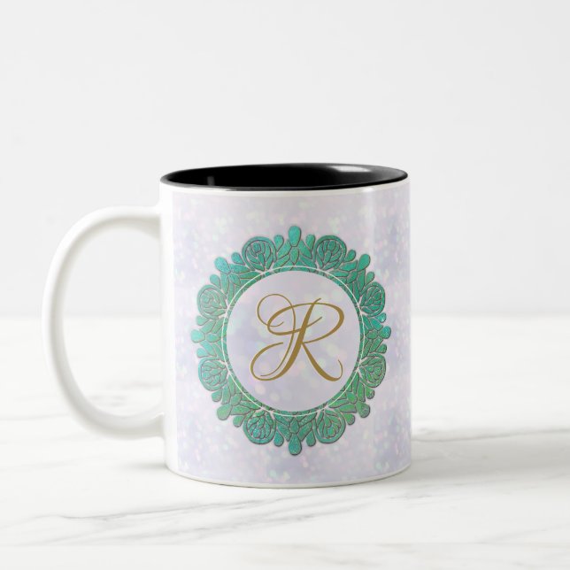 Elegant Monogram Initial Letters with Mandala Two-Tone Coffee Mug (Left)