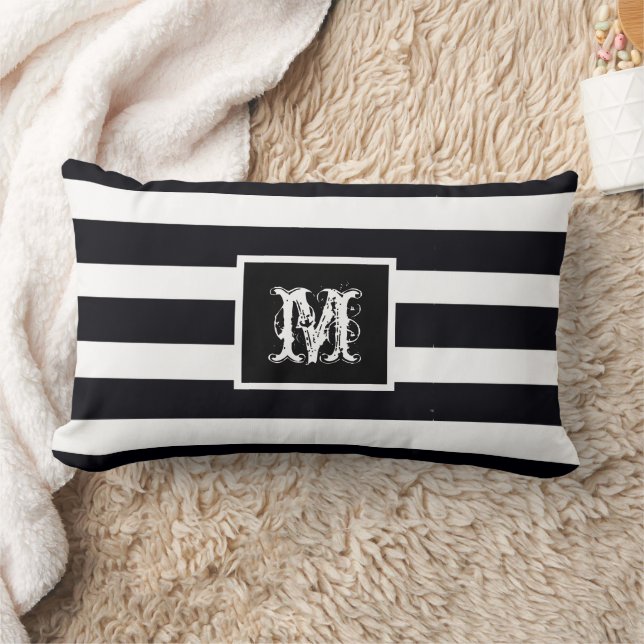 Elegant Monogram Initial Modern Chic Black & White Lumbar Pillow (Blanket)